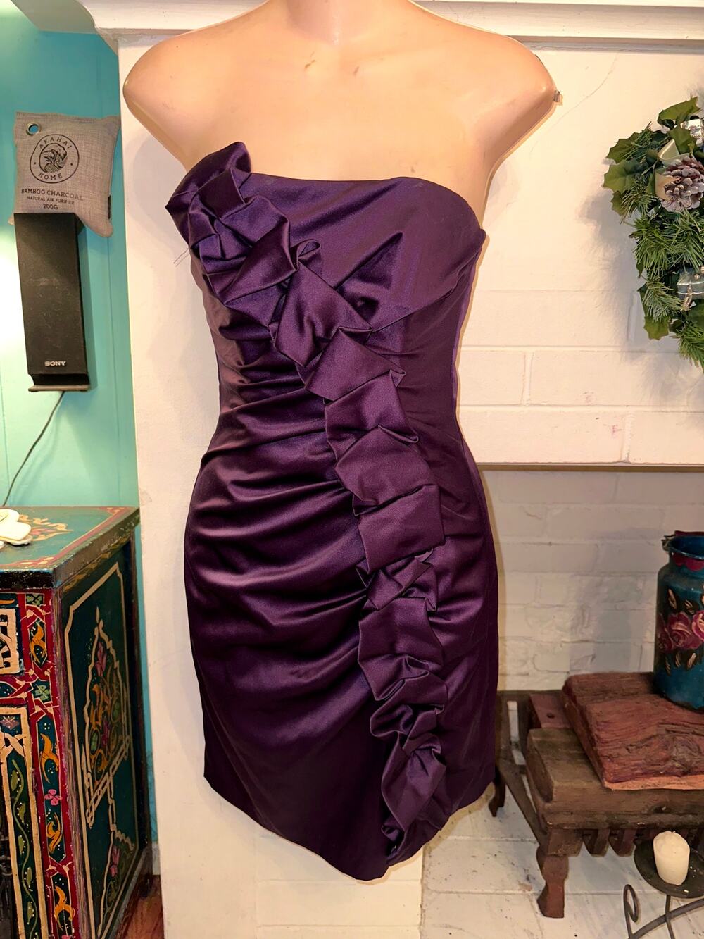 VINTAGE GUNNE SAX PURPLE SATIN RUFFLED STRAPLESS MINI DRESS 3 PROM PARTY DATE.